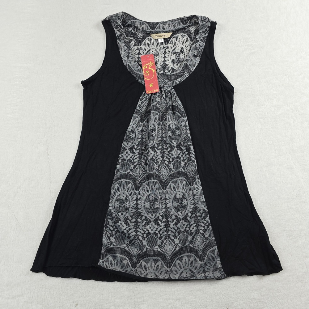 Yak n Yeti Womens Black Gray Lace Print Sleeveless Boho Tank Top Size S NWT